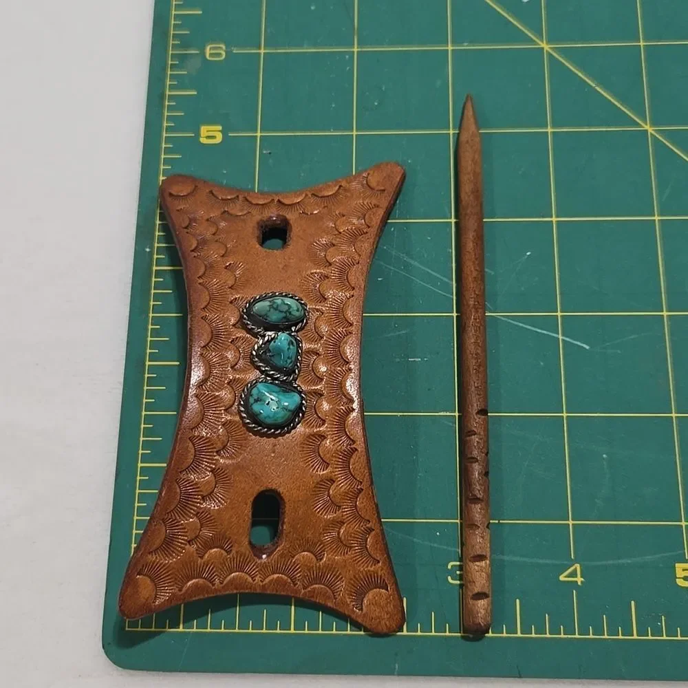 Leather Hair Barrette with Turquoise Stones